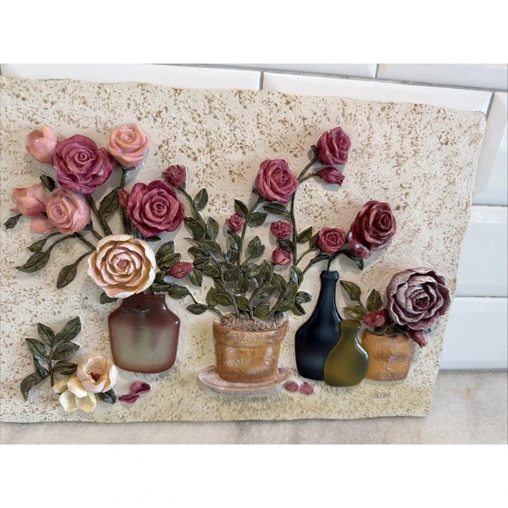 VINTAGE HANDMADE CHERI BLUM ART *** 3D FLORAL WALL DECORATION PLAQUE ES008